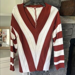 Elegant V-Neck Sweater - Rust and White Stripes